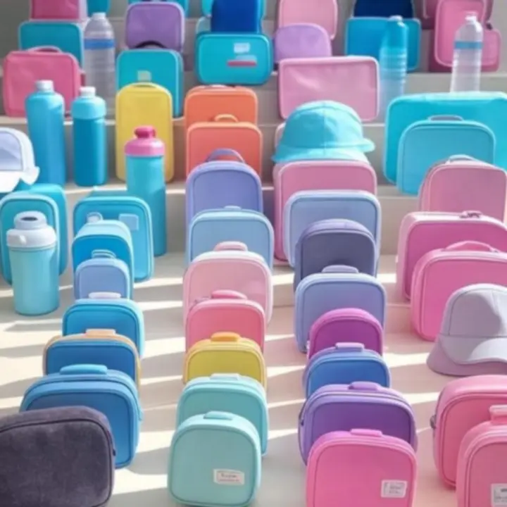 Zestaw różnorodnych akcesoriów dziecięcych ułożonych w kolorową kompozycję