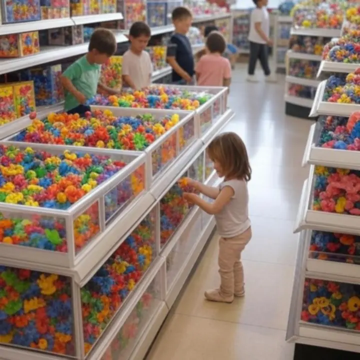 Rodzic przegląda kolorowe zabawki ułożone według wieku dziecka