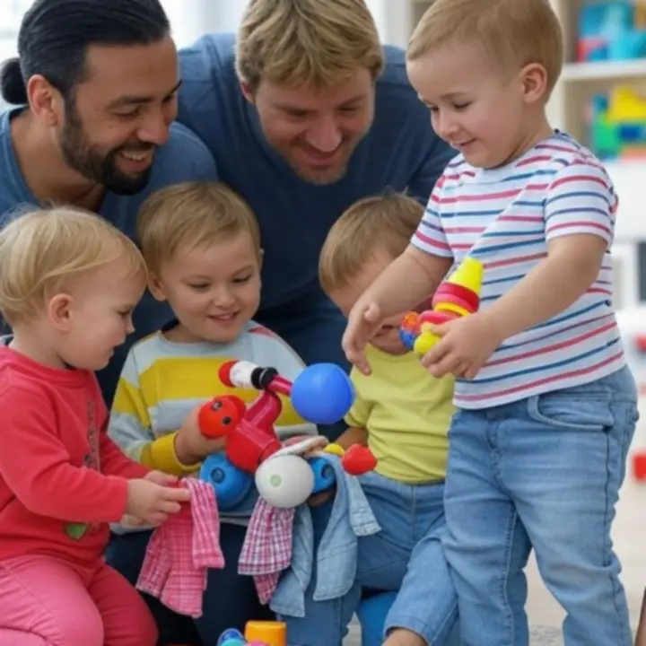 Uśmiechnięte rodziny z dziećmi prezentujące ulubione zabawki
