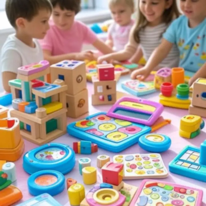 Kolorowa kolekcja edukacyjnych zabawek dla dzieci w różnym wieku