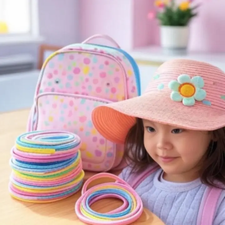 Prezentacja najpopularniejszych dziecięcych akcesoriów na kolorowym tle