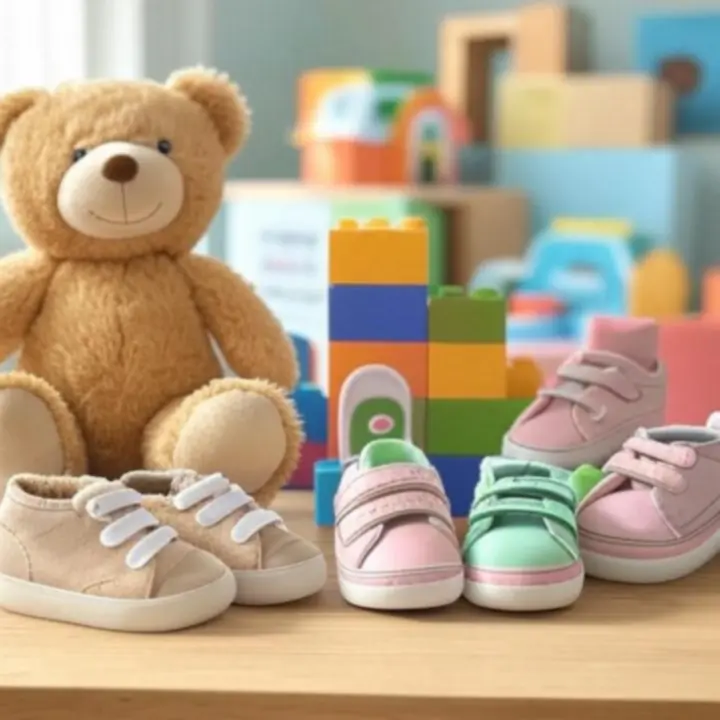 Zestaw polecanych zabawek i produktów dziecięcych na kolorowym tle