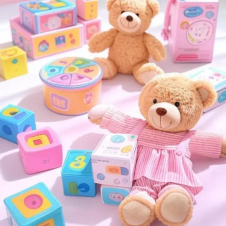 Zestaw kolorowych zabawek dziecięcych na jasnożółtym tle