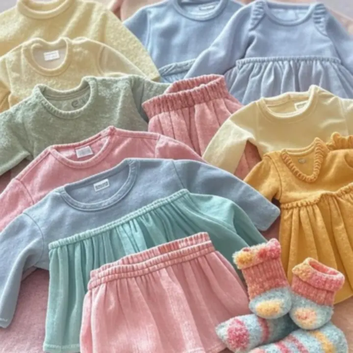 Zestaw kolorowych ubranek dziecięcych prezentujących różne kolory i faktury