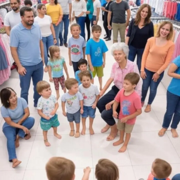 Szczęśliwe rodziny wspólnie wybierające kolorowe produkty dla dzieci w sklepie PlayTimeHubPL