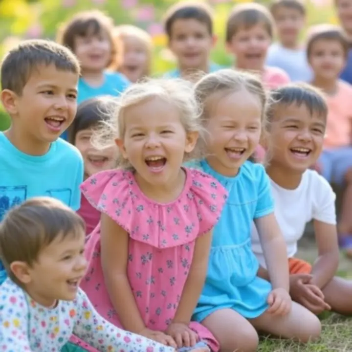 Uśmiechnięte dzieci w kolorowych ubrankach, bawiące się razem