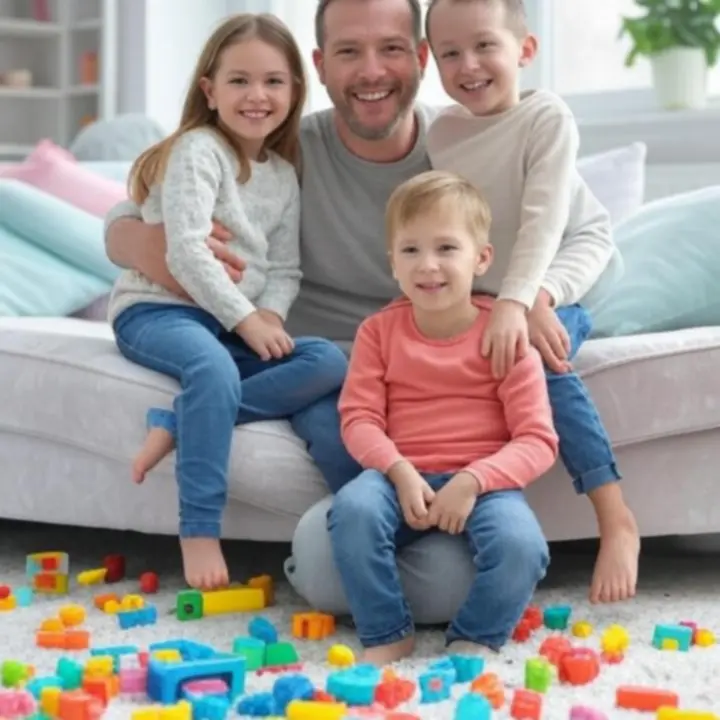 Rodzina bawiąca się kolorowymi zabawkami w domu