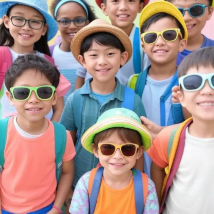 Kolorowe akcesoria dla dzieci: plecak, czapka i opaska na tle pastelowych kolorów