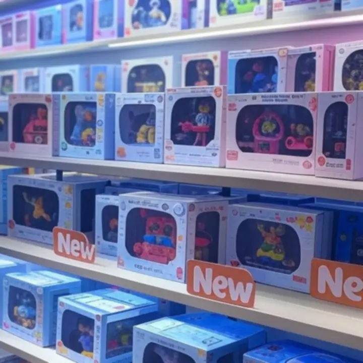 Nowe kolorowe zabawki wyeksponowane na półce