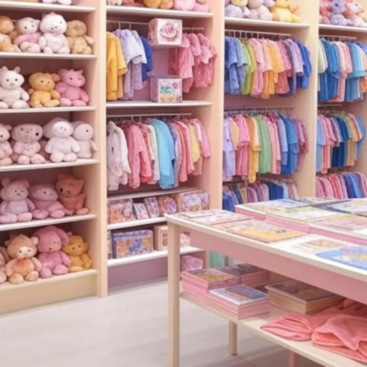 Kolorowa ilustracja przedstawiająca różne kategorie produktów dziecięcych w sklepie