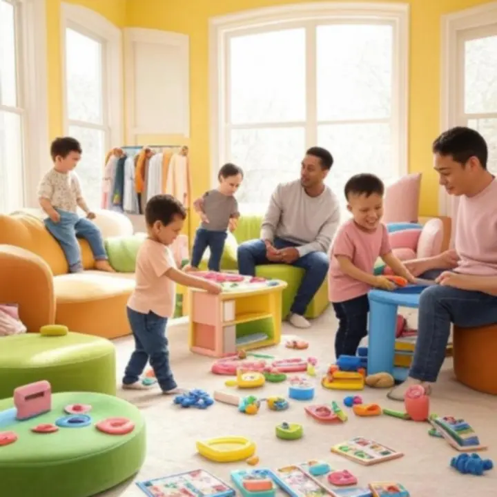 Uśmiechnięte dzieci bawiące się zabawkami w kolorowym sklepie internetowym